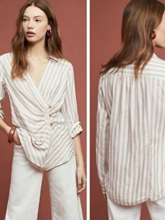 Maeve Tops - Maeve Cream and White Striped Button-Front Wrap Blouse